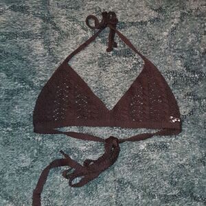 Blk Boho Crochet Knit Bikini Halter Top sz Small